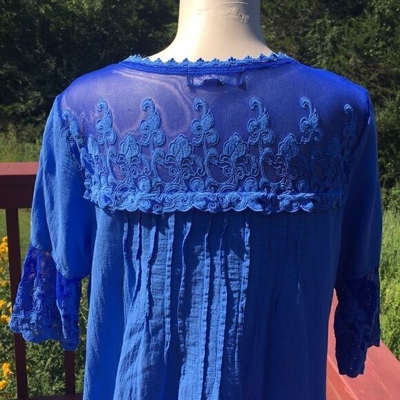 Gretty Zueger Embroidered mesh cotton elbow length sleeve Tunic Ocean Blue Med - Picture 3 of 17